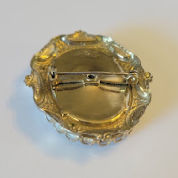 Vintage Gold Tone Hand-Painted Floral Brooch 2" - Picture 4 of 4